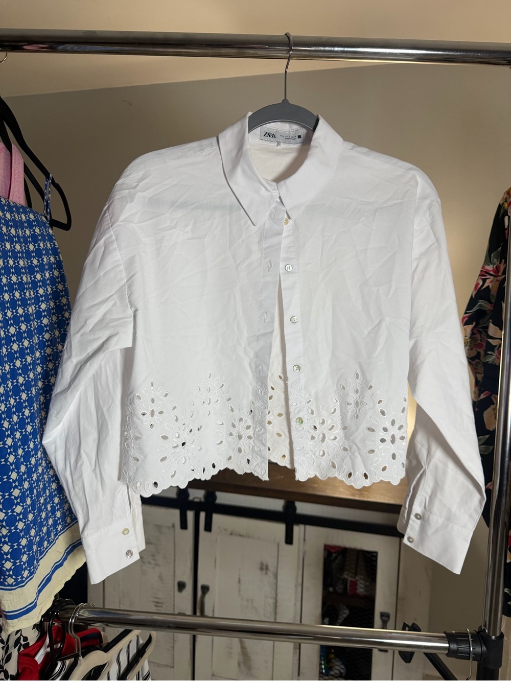 Zara White Eyelet Cropped Button-Up Shirt S